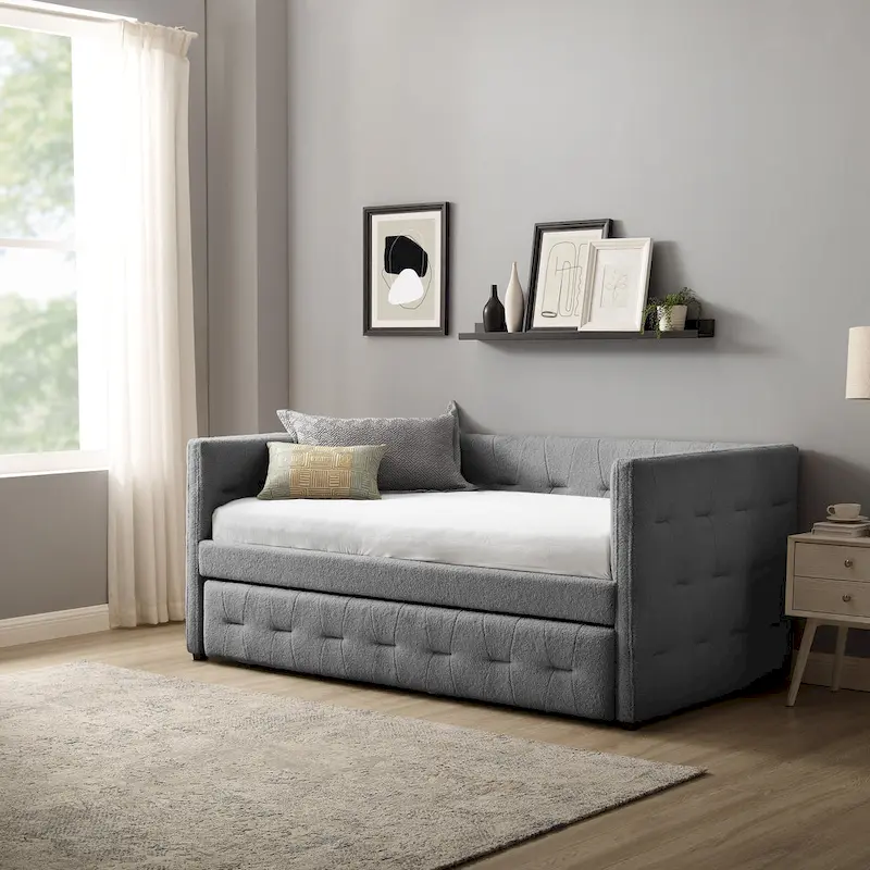 Camel / White / Grey Tufted Velvet Upholstered Daybed with Pull-Out Trundle, Sleeps 2