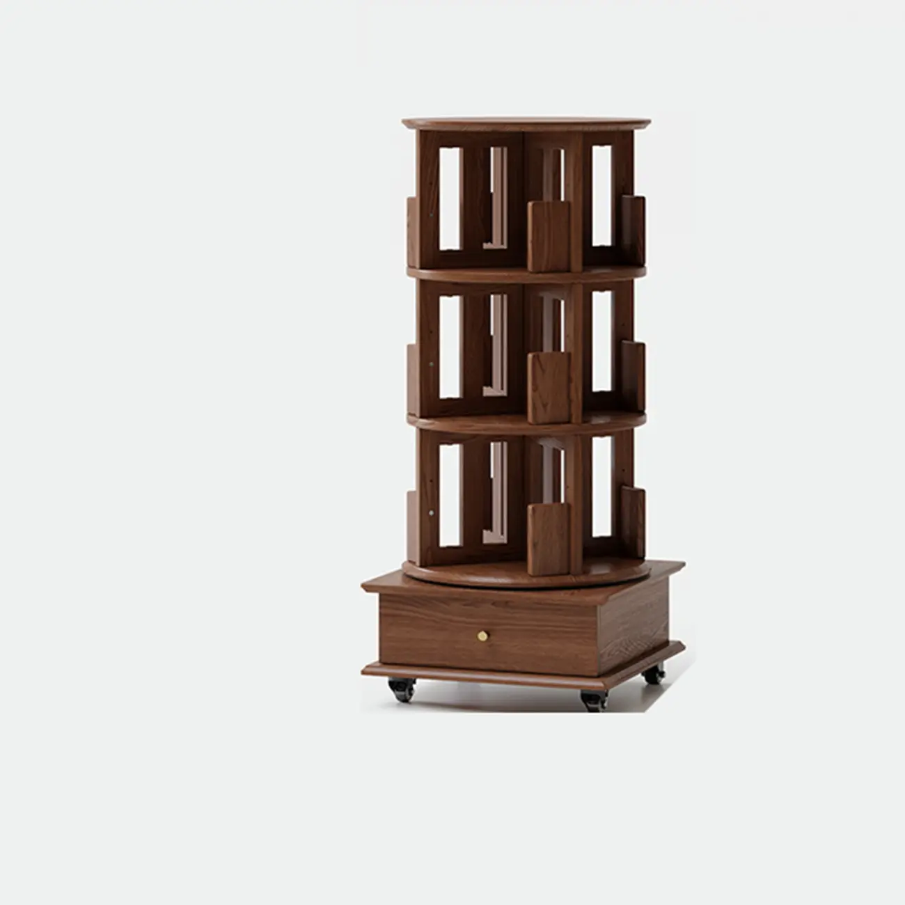 Narrow Cherry Wood Vertical 6 Shelf Rotating Bookshelf