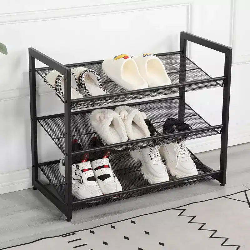 VIYET 24 Black 3-Tier Adjustable Metal Shoe Rack, Freestanding Storage Organizer with 4 Non-Slip End-Caps for Entryway, Front Door Entrance