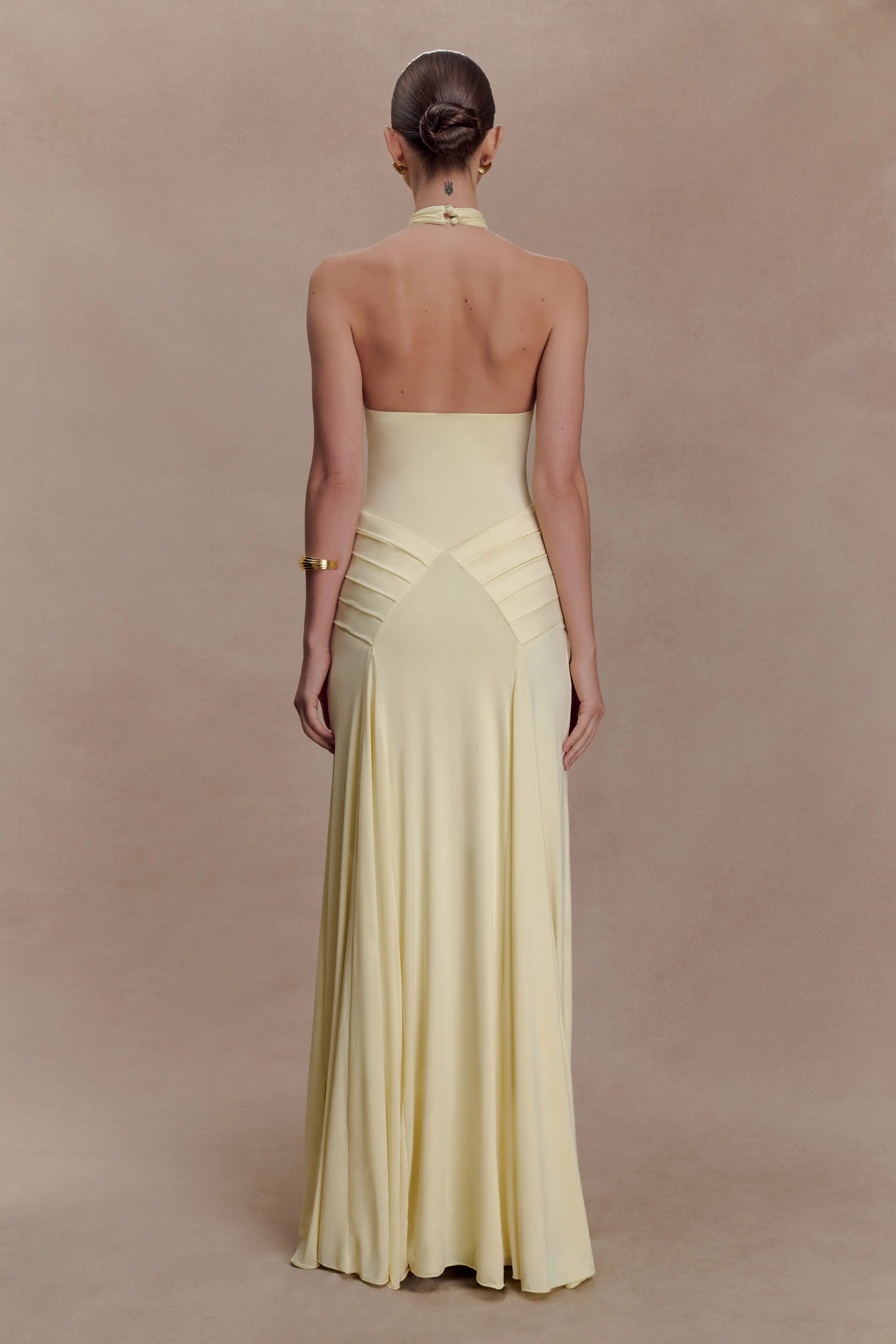 Indira Gathered Slinky Halter Maxi Dress - Lemon