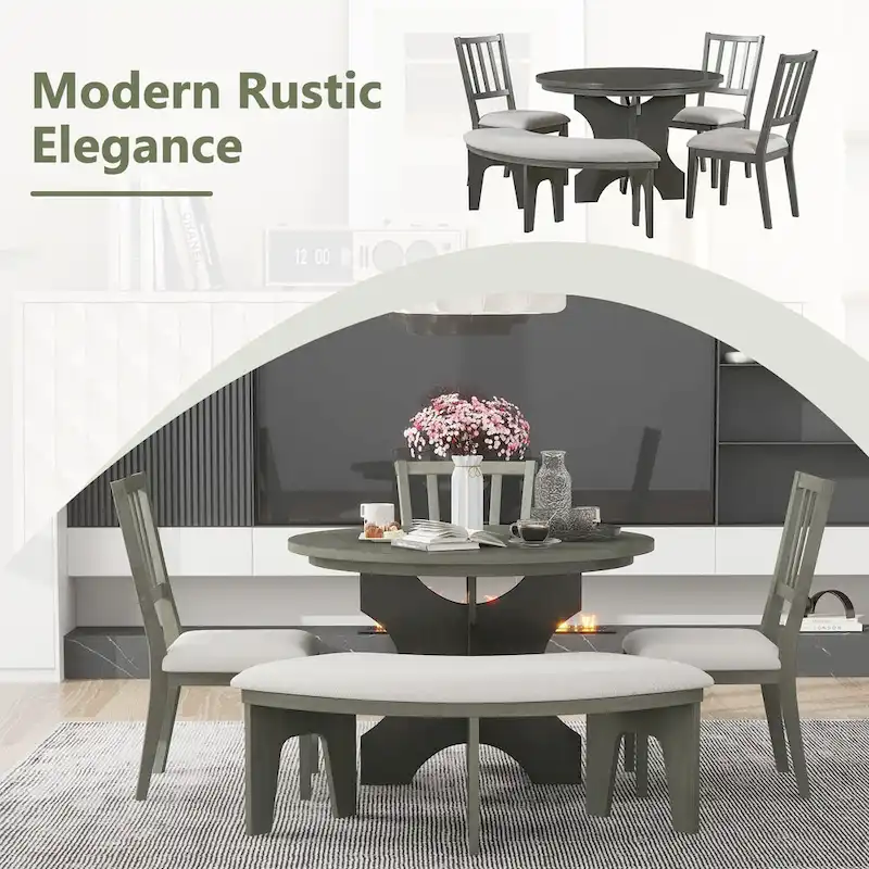 Modern Country Dining Table and Chair Sets Multi-Functional Dining Table and Chair Sets with Curved Table Base and Curved Bench