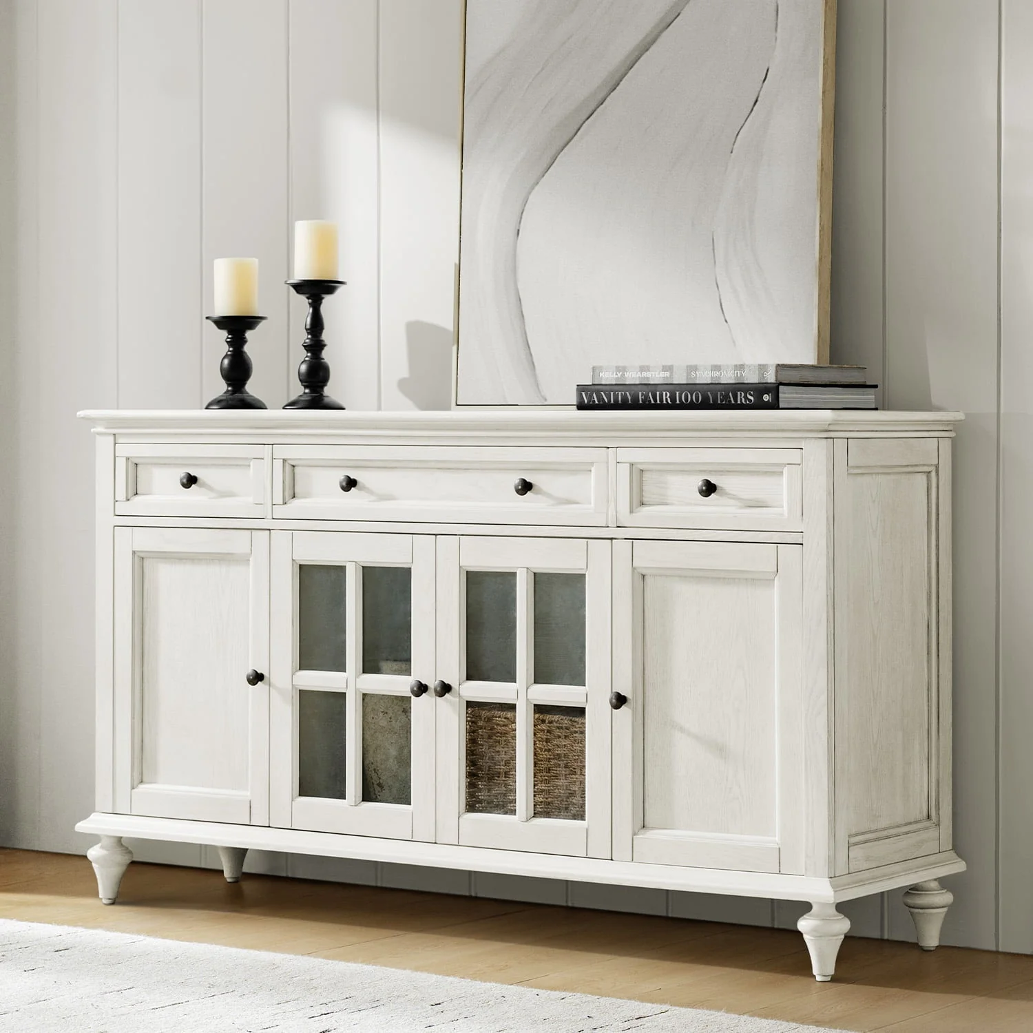 58 in 3-Drawer 4-Door Sideboard with Ball-Slide Glides, 3 Interior Shelves & Solid Wood Legs | White / Acorn | Single