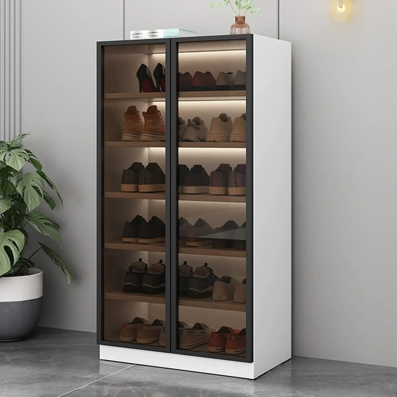 Glam Grey/White Shoe Cabinet with Glass Doors