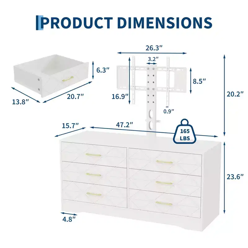 6 Drawer TV Stand with Mount for 32-80 Inch TVs, Wood Entertainment Center with Adjustable Height, Media Console Storage