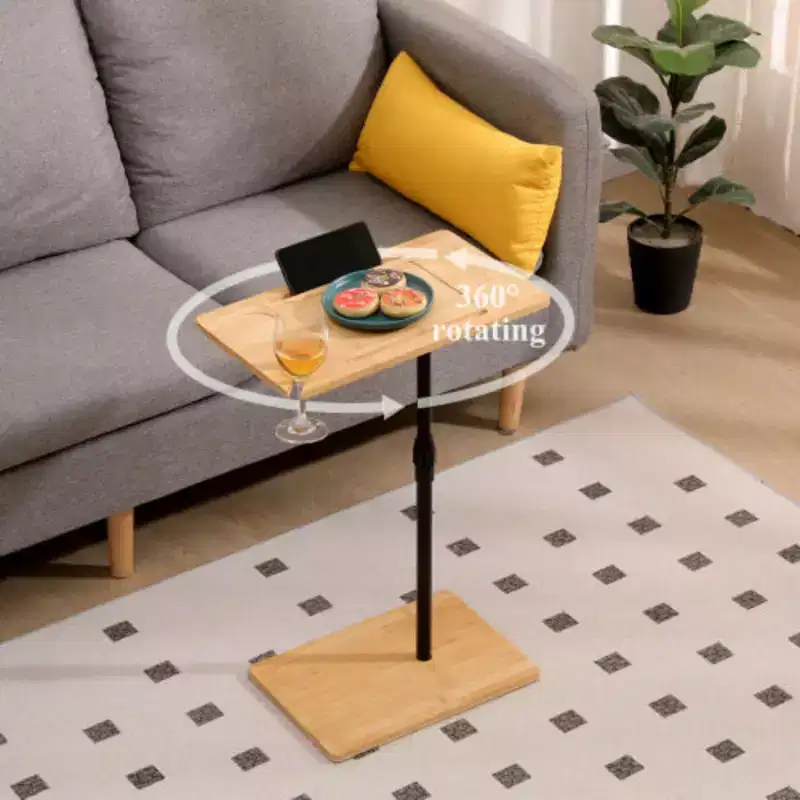 Bamboo C-Shaped Couch Tray Table, Height Adjustable with 2 Tiers & Slots, Versatile Sofa Side Table for Living Room & Bedroom