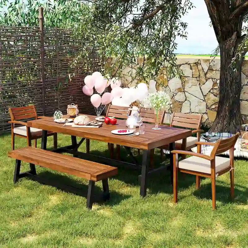 Outdoor Wood Dining Set For 7-8 Person,Dining Furniture With Removable Cushions, Ergonomic Chairs And Bench, Thicker Table