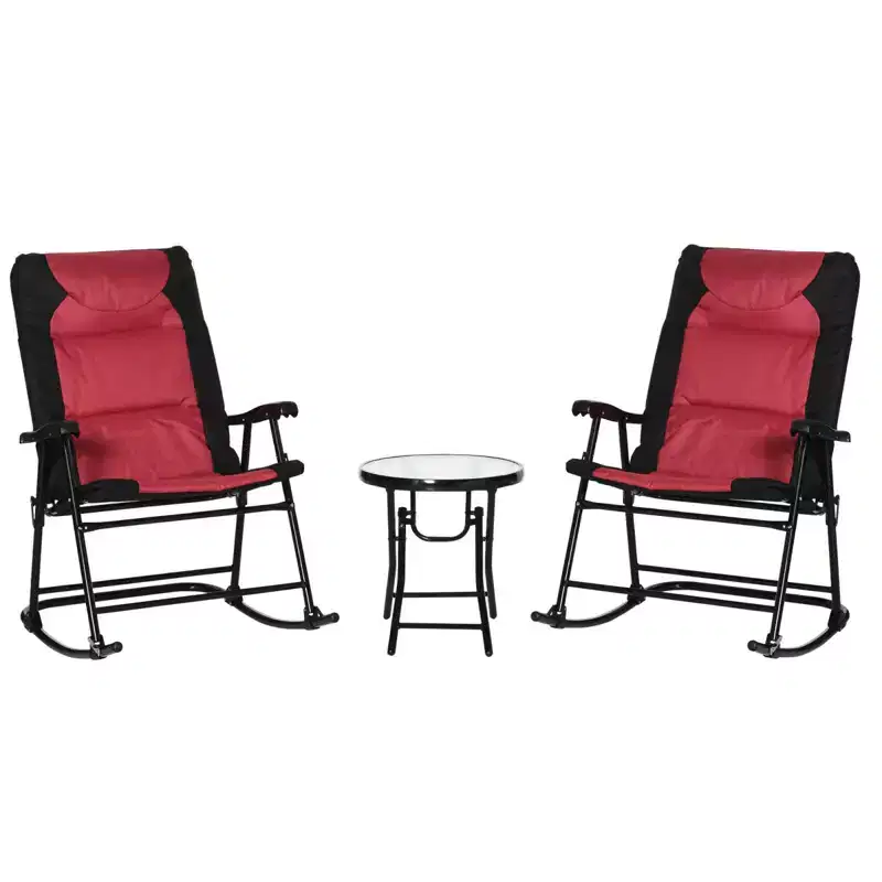 NAYSAYE 3 Piece Patio Furniture Set Folding Rocking Chairs with Glass Coffee Table Bistro Set for Porch Balcony Camping, Red, 26.75*35.5*41.75