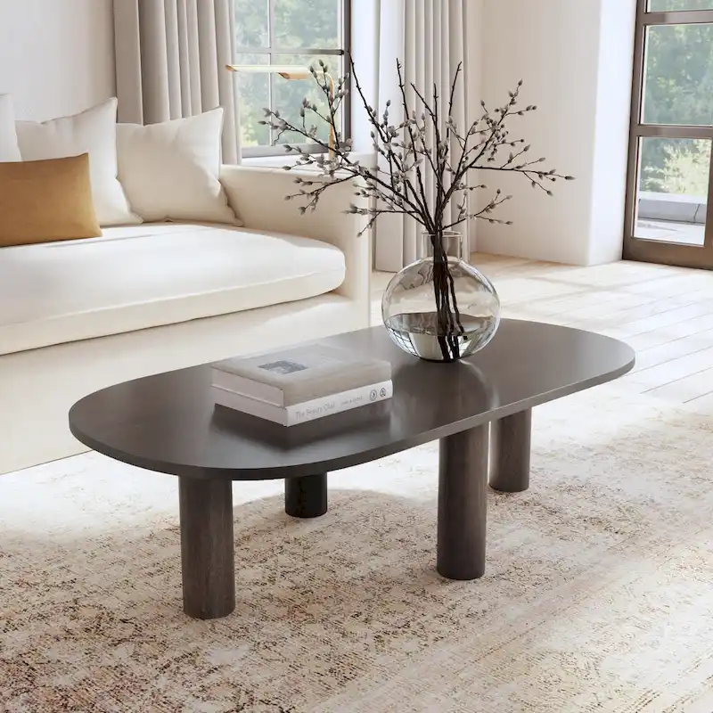 Oval Solid Mango Wood Coffee Table with Veneer Accents, Brown or Black, 52