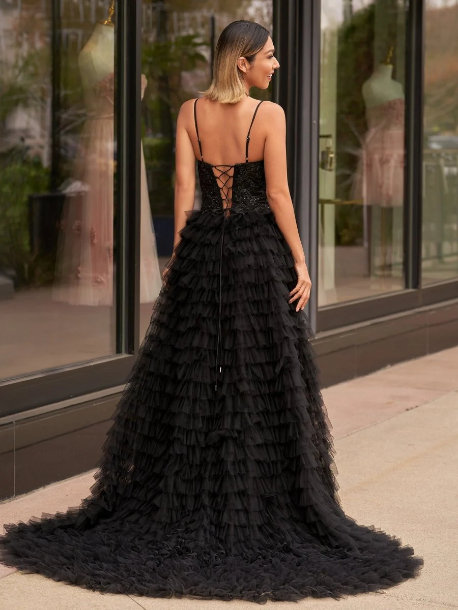 A-Line Tiered Sequins Tulle Long Prom Dress