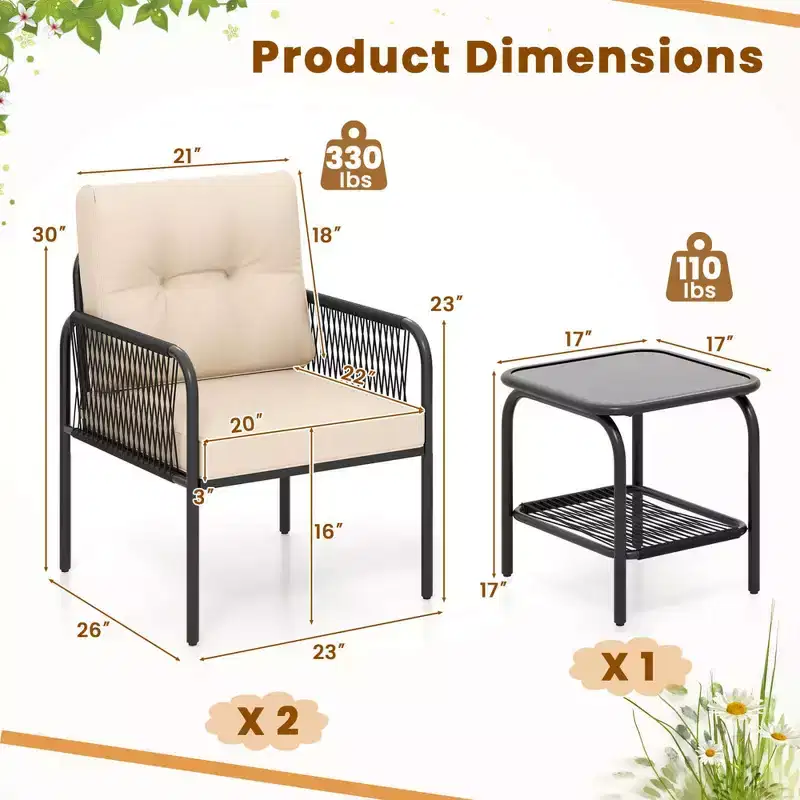 Costway 3 PCS Patio Bistro Set with Tempered Glass Table Chairs Back and Seat Cushions