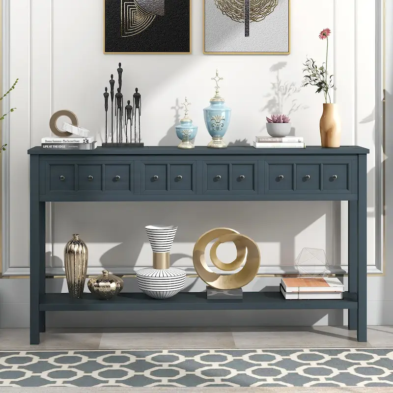 Navy Blue Farmhouse Console Table, 4 Drawers, Bottom Shelf, 2-Person Assembly, 60x11 in