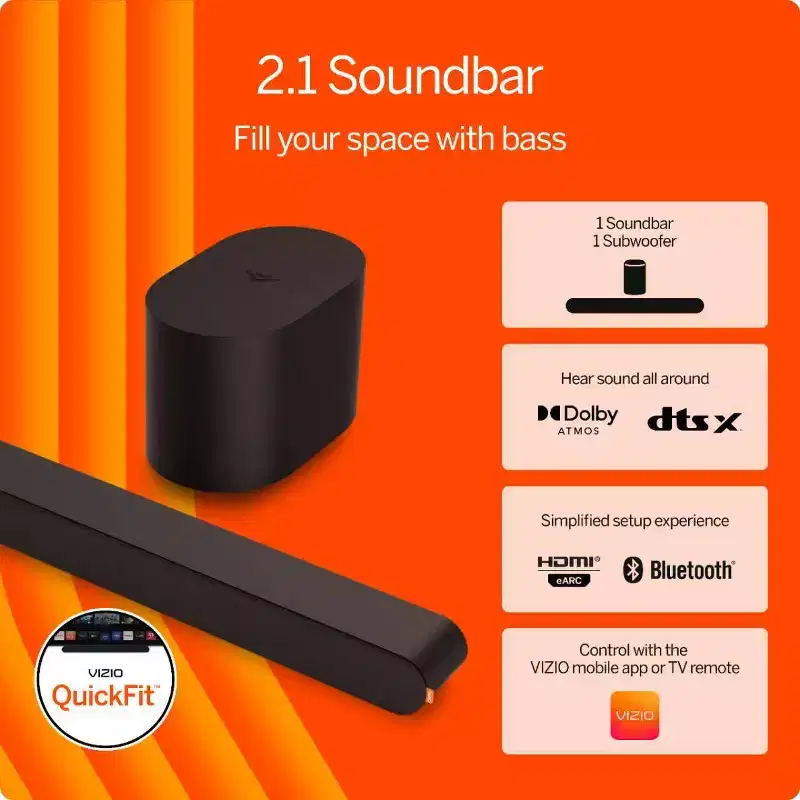 VIZIO 2.1 Soundbar Wireless Subwoofer with Dolby Atmos and DTS:X - (SV210M-08): USB, HDMI, Bluetooth, Wall Mountable