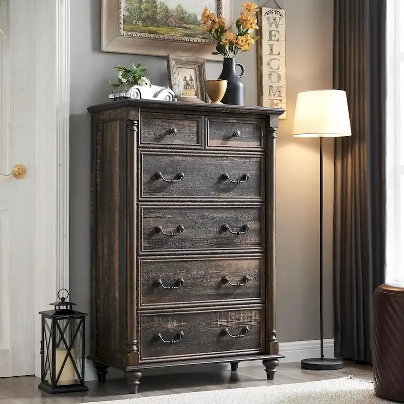 Dark/Light Rustic Oak/Barnwood/Antique White 6-Drawer Dresser, 1-Person