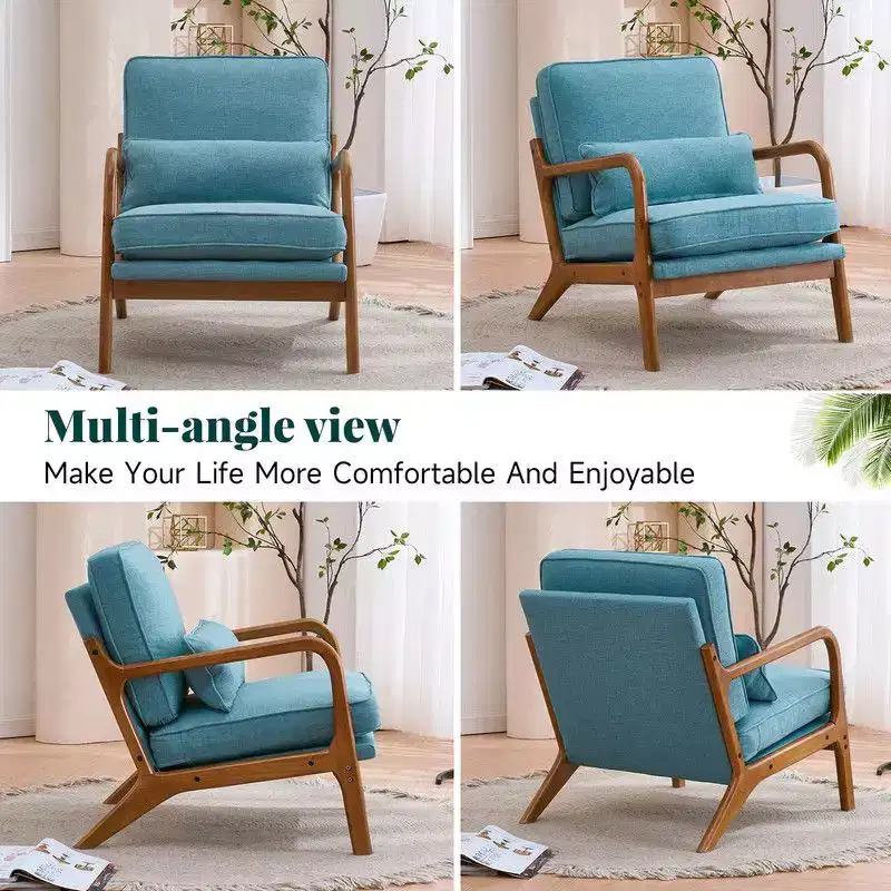 Karl Home 2Pcs Mid Century Solid Wood Accent Chair Upholstered Armchair with an Extra Pillow