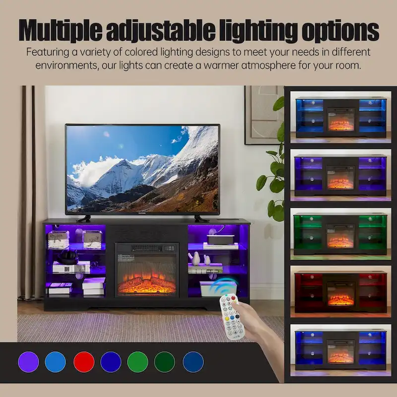 58W Fireplace TV Stand with 18 Fireplace, LED Light, USB Outlet - 58W*15.5D*24.4H