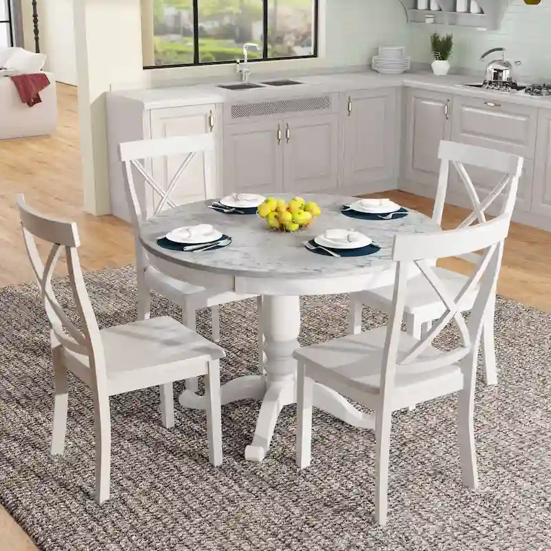 Modern Style Wooden 5-Piece Dining Set with Round Table amd 4 Upholstered Chairs