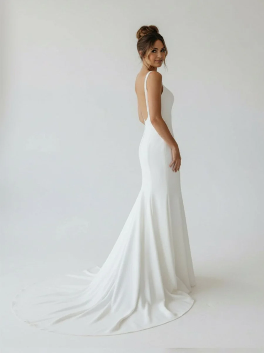 Simple Mermaid Scoop Neck Backless Satin Wedding Dresses