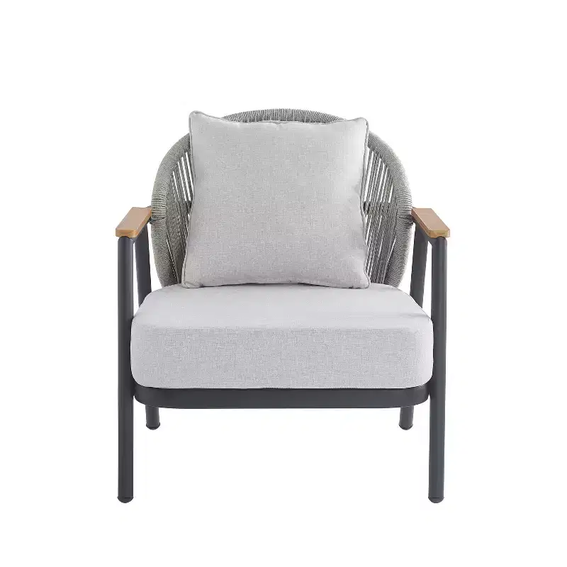 ModernLuxe Outdoor Rope Club Chair Patio Armchair, Weather-Resistant Iron Frame & Cushion, Rustic-Modern Style