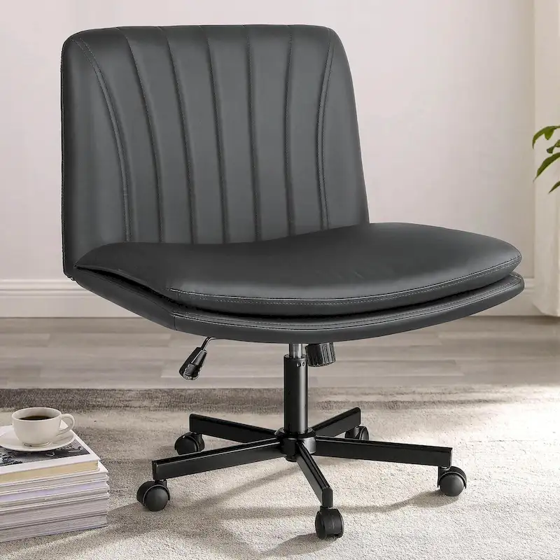 Cross Chair with Wheels,PU Leather Armless Cross Legged Office chair, Adjustable Wide Seat Task Vanity Chair