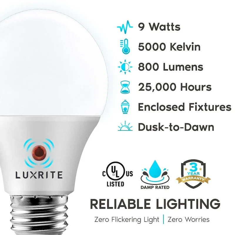 Luxrite A19 LED Dusk to Dawn Light Bulbs Lighting Enclosed Fixture Rated 800lm Damp Rated E26 2 Pack