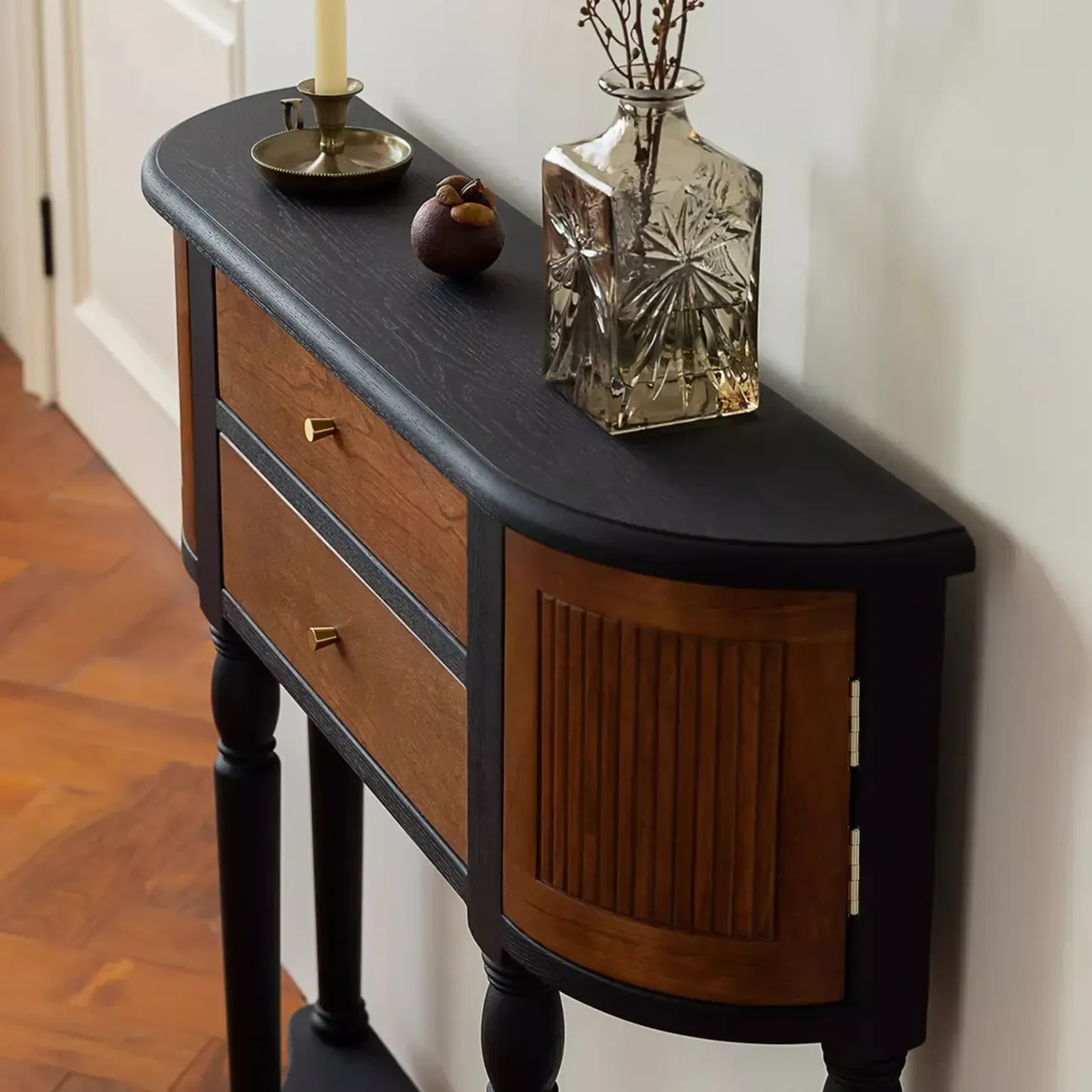 Natural Wood Live Edge Entrance Table with 2 Cabinets and 3 Shelves