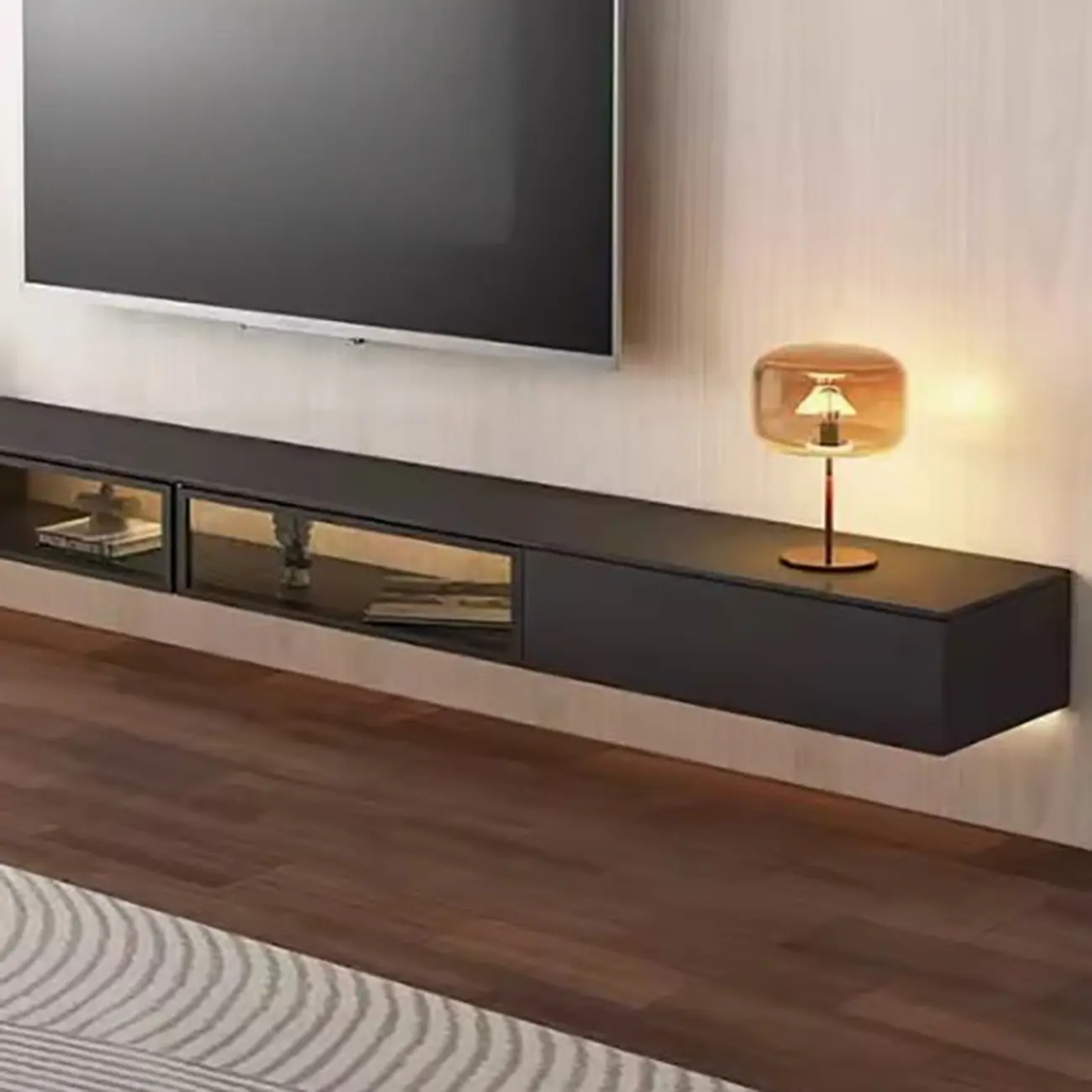 63 Grey Sintered Stone Long Floating TV Stand with Cabinet