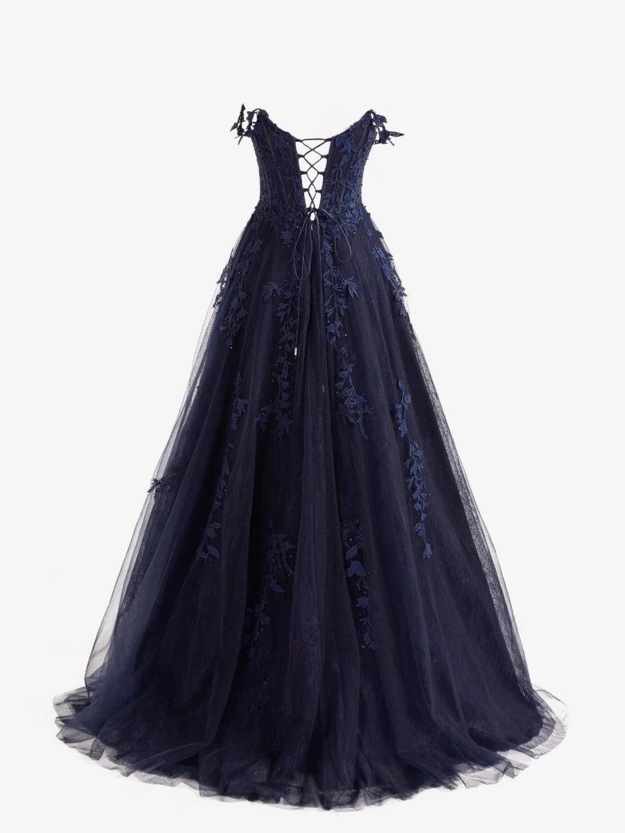 Navy Blue A-line Sweetheart Lace Tulle Prom Dress with Slit