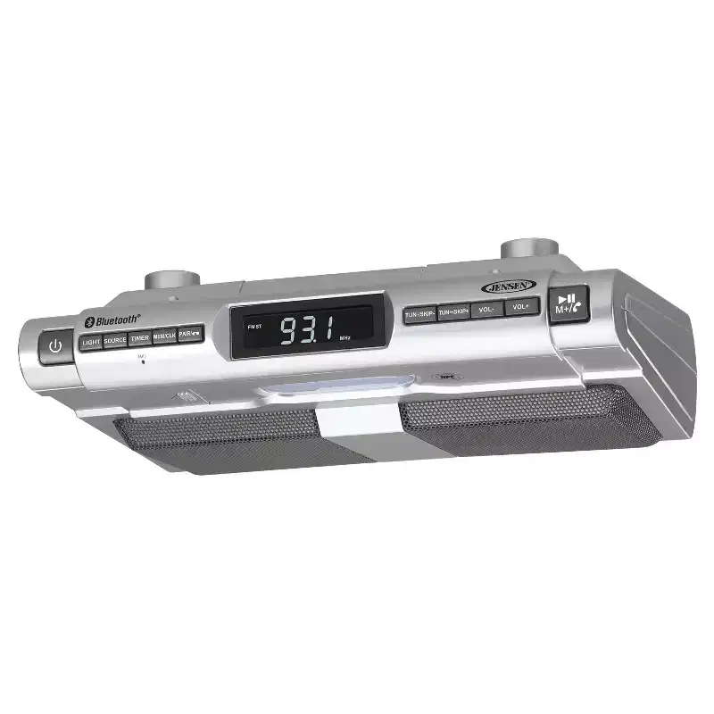 JENSEN Under Cabinet Universal Bluetooth Music System - Silver (SMPS-628): Wireless MacOS/Android/Apple iOS Compatibility, Portable Audio System