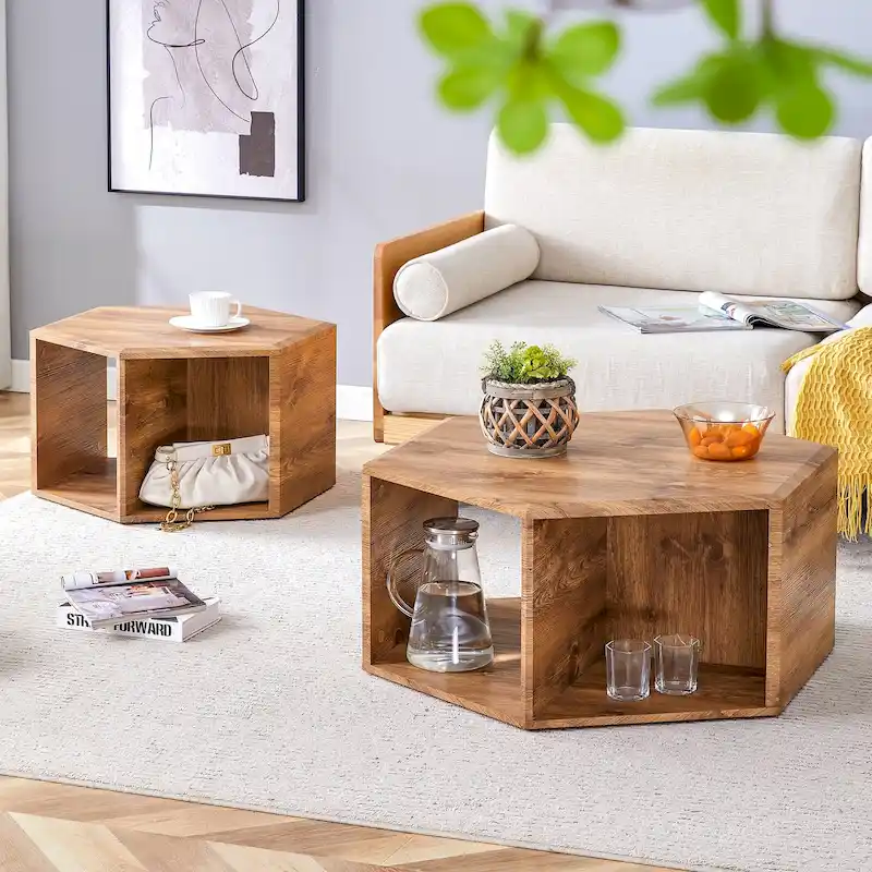 Wood / White / Black Hexagonal Coffee Table Set, 2-Piece