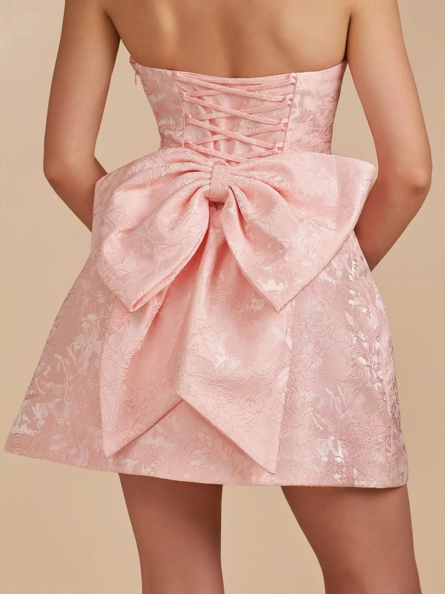 Pink - Strapless Jacquard A Line Homecoming Dress With Bowknot