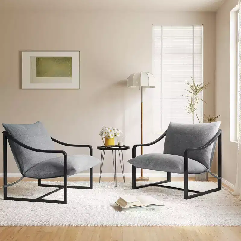 Modern Sling Accent Chair Set of 2, Grey Fabric Armchair with Cushioned Seat, Heavy Duty Metal Frame, Lounge Reading Chair for Living Room Bedroom