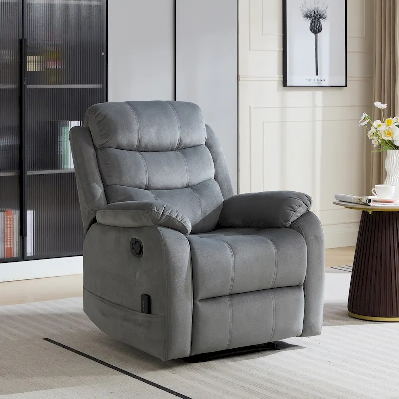 Plush Fabric Manual Recliner Chair with Lower Lumbar Massage – Grey, Contemporary Style, Single