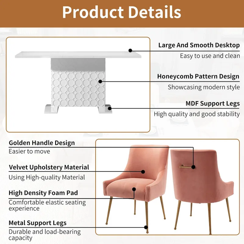 7-Piece Clihome High-gloss Extendable Table Velvet Chair Dining Set