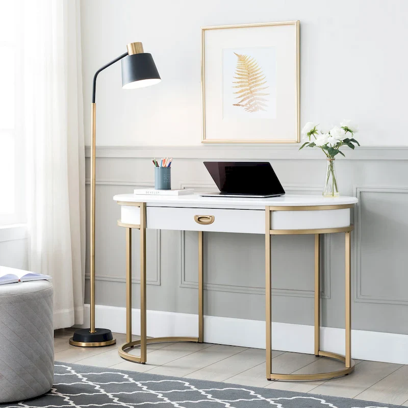 White / Grey Oval Metal Leg Writing Desk, 1-Person