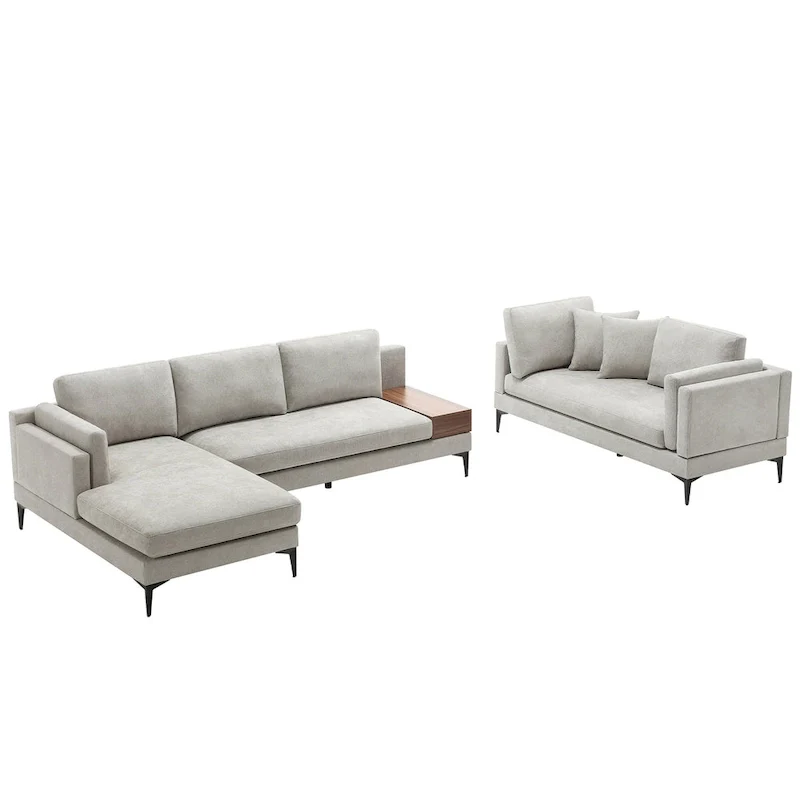 Modular U-shaped Linen Reversible Sofa with a Wooden Side Table Box and Reversible Design