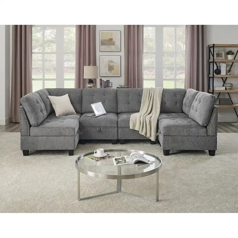 Grey Chenille Modular Sectional Sofa, 6-Seat