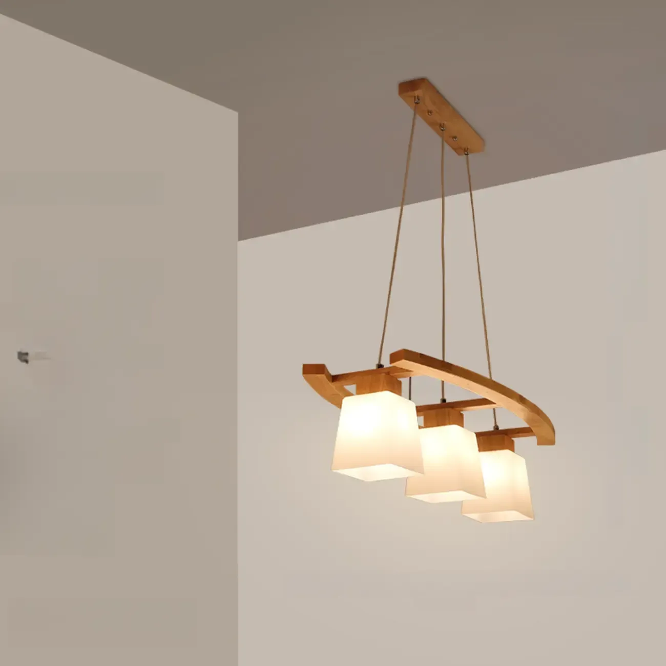 Modern 3-Light Wooden Glass Pendant Light Island Hanging