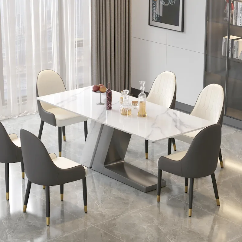 Modern Slate Kitchen Dining Table with White Rectangle Sintered Stone Top and Metal Legs -- 63/71/79