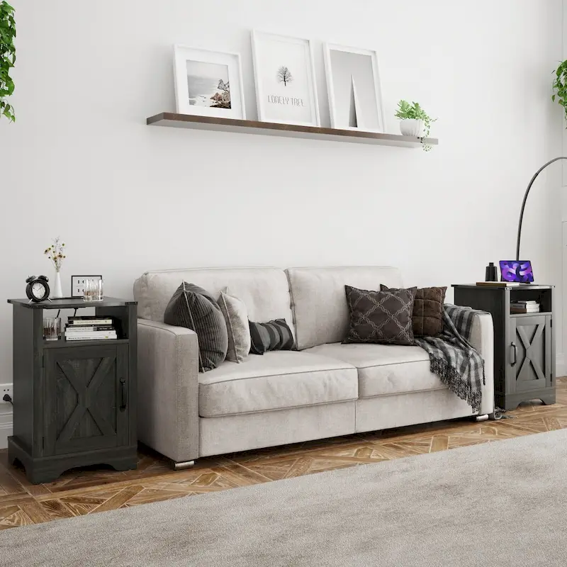 Nightstand with Charging Station and Barn Door, Set of 2