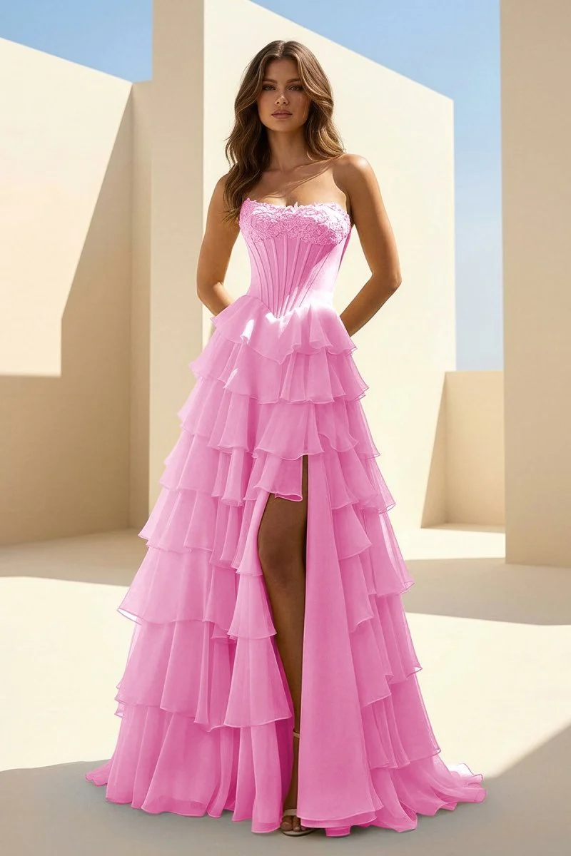 Pink Strapless A Line Chiffon Tiered Prom Dresses With Appliques