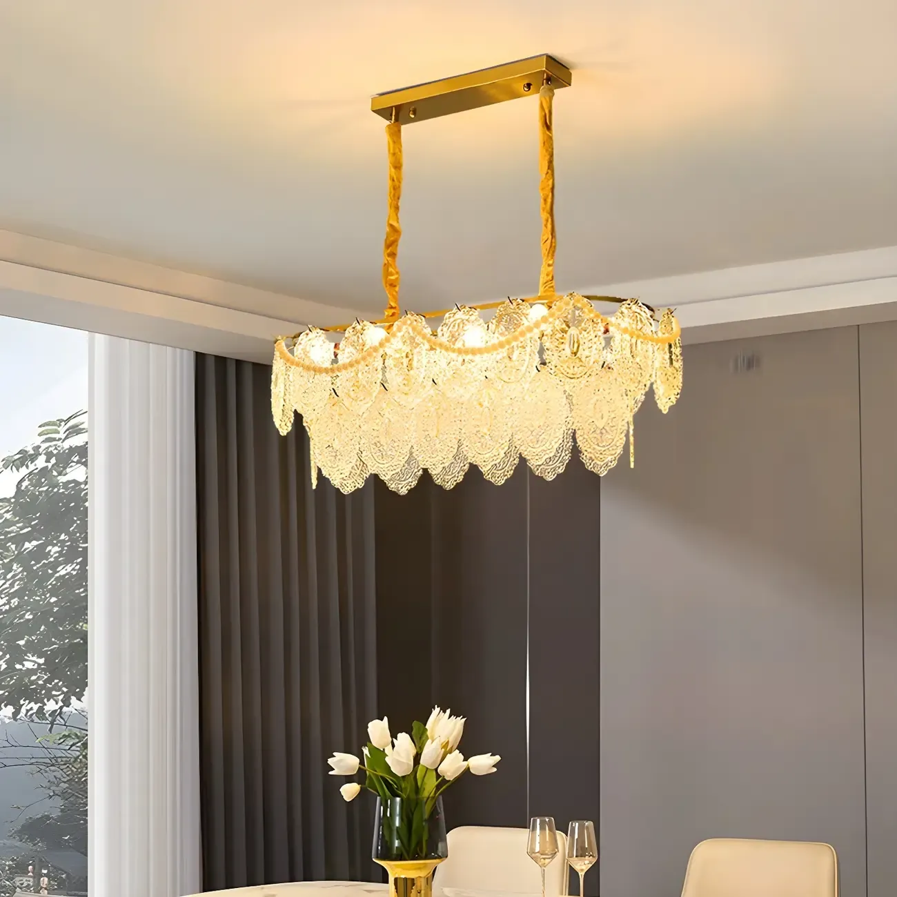 2-Tier Modern Glass Island Pendant Light Adjustable for Kitchen