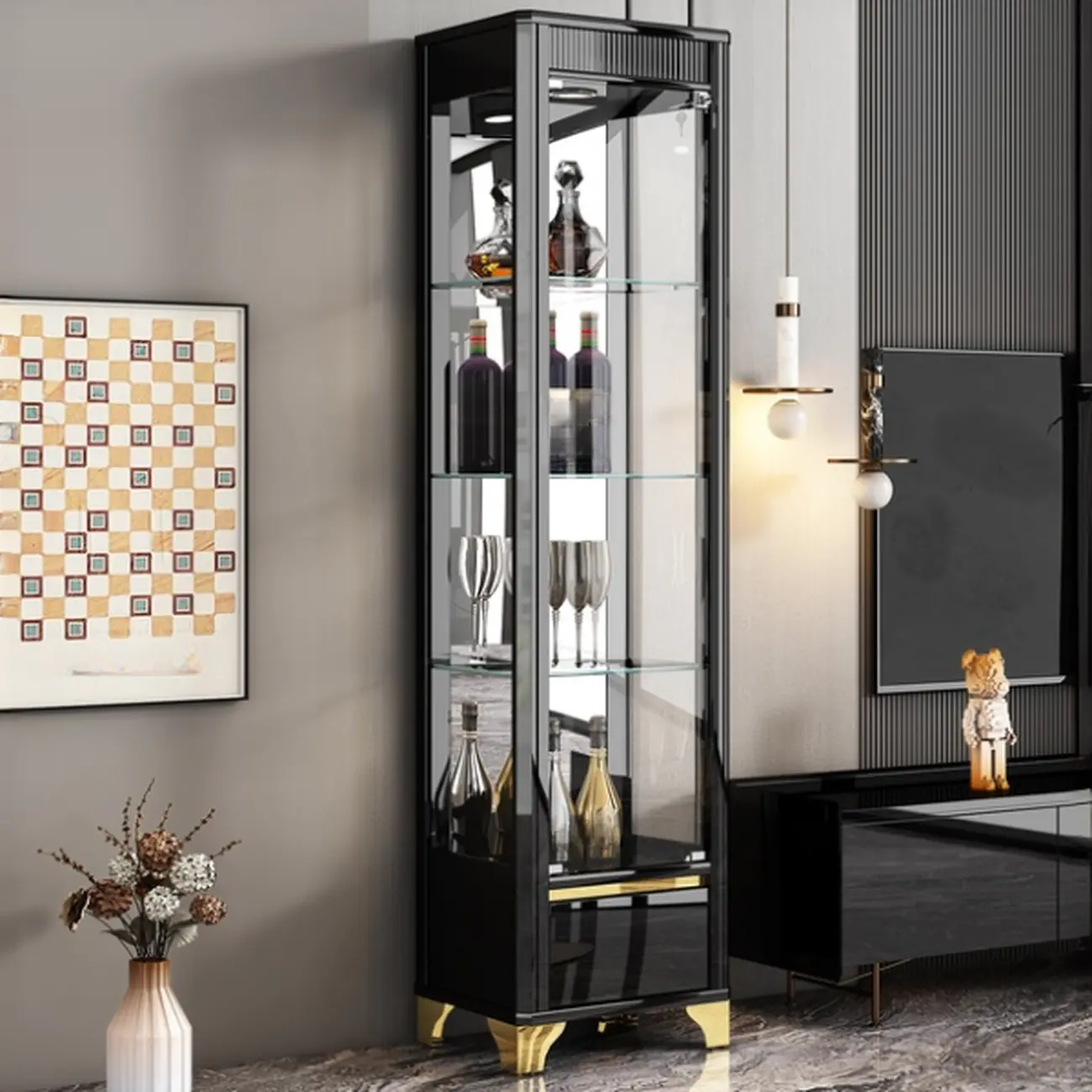 Elegant Black Gold Legs Glass Display Cabinet