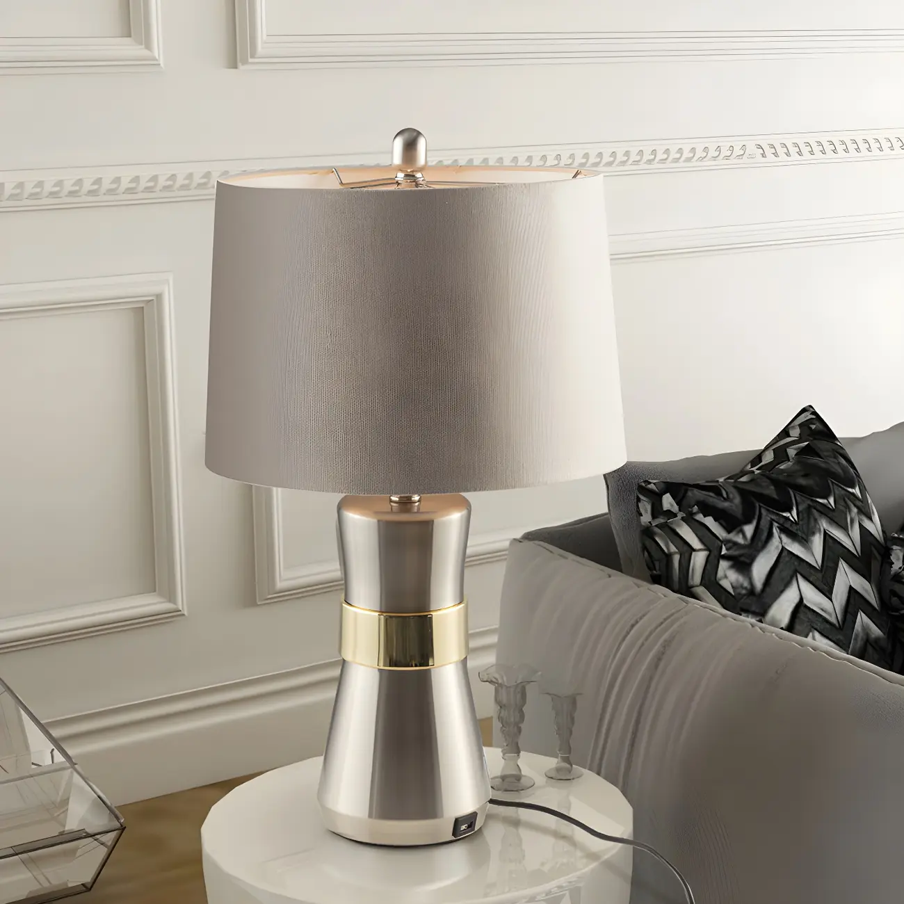 Sleek Nickel Barrel Table Lamp for Living Room