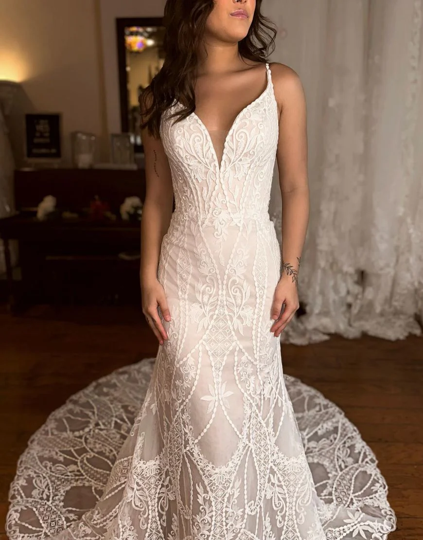 Mermaid V-Neck Spaghetti Straps Sweep Train Lace Wedding Dress