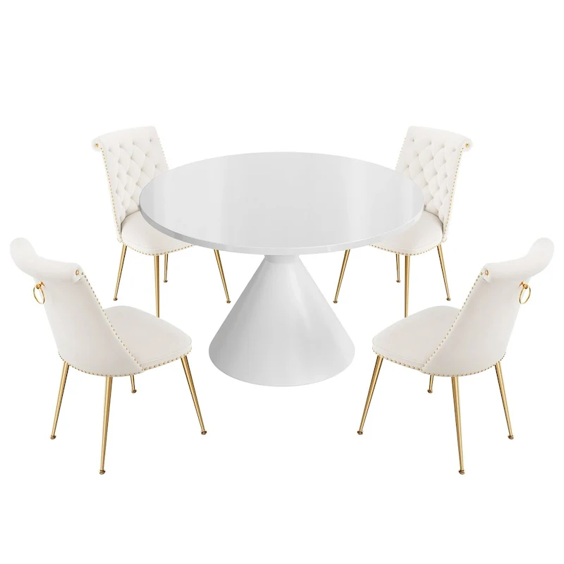 48  Light Luxury White High Gloss Large Countertop Dining Table with Velvet Dining Chair Set