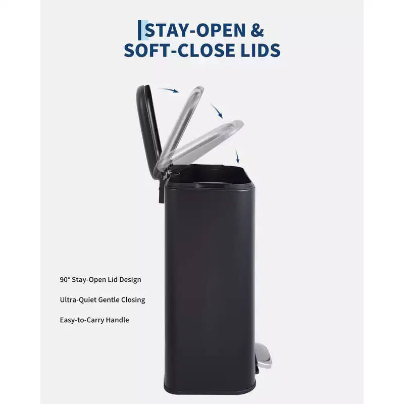 Stainless Steel Step Trash Can, Soft-Close Lid, Removable Inner Bucket, Fingerprint-Proof, Rectangular Waste Bin for Kitchen, Bathroom, Office