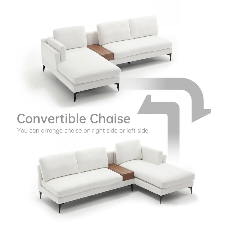 Modular U-shaped Linen Reversible Sofa with a Wooden Side Table Box and Reversible Design