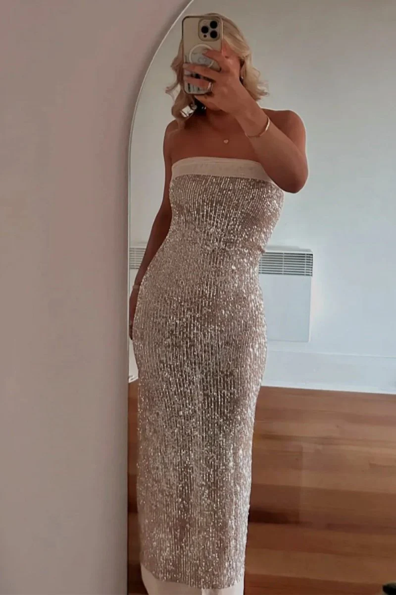 Sage Sheath Strapless Sequined Long Prom Dresses