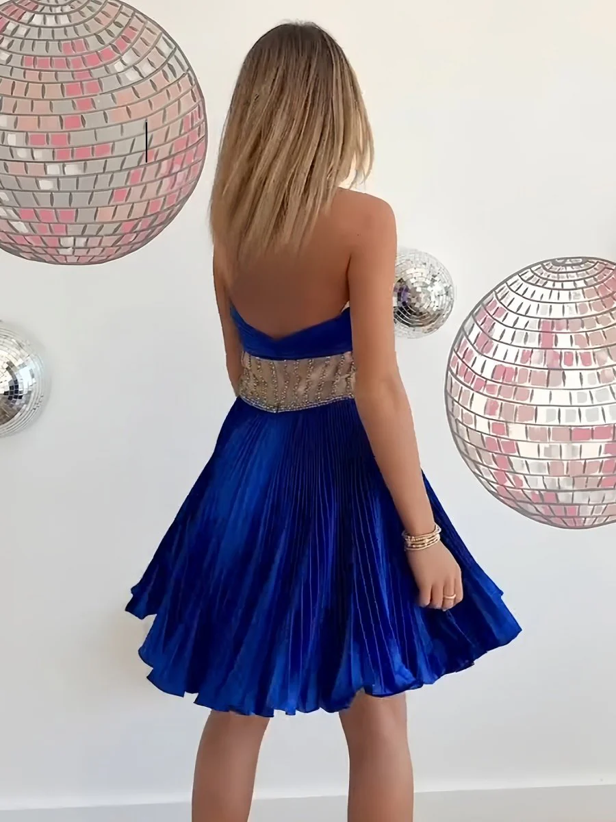 Royal Blue - A Line Halter Satin Pleasted Cut Out Homecoming Dresses