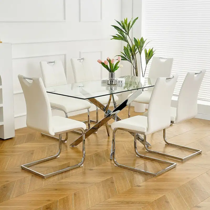 Set of 6,Dining Chairs with Faux Leather Padded Seat Upholstered with Chrome Metal Legs Side Chairs